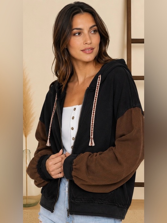 POL Tops - POL Black Brown Colorblock Zip Hoodie